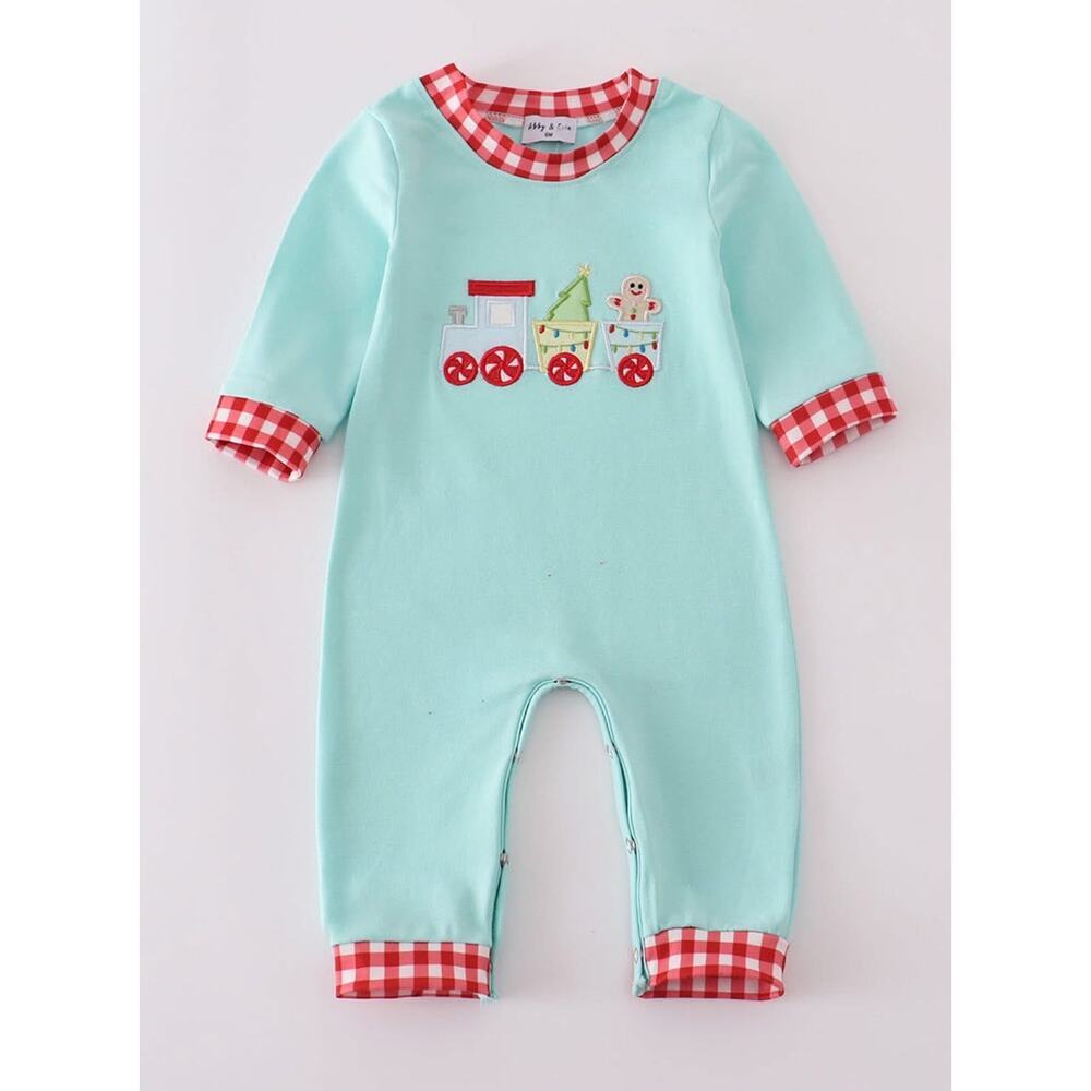 NEW Abby & Evie Train Christmas Romper Baby‎ 12M Aqua Gingham Trim One Piece
